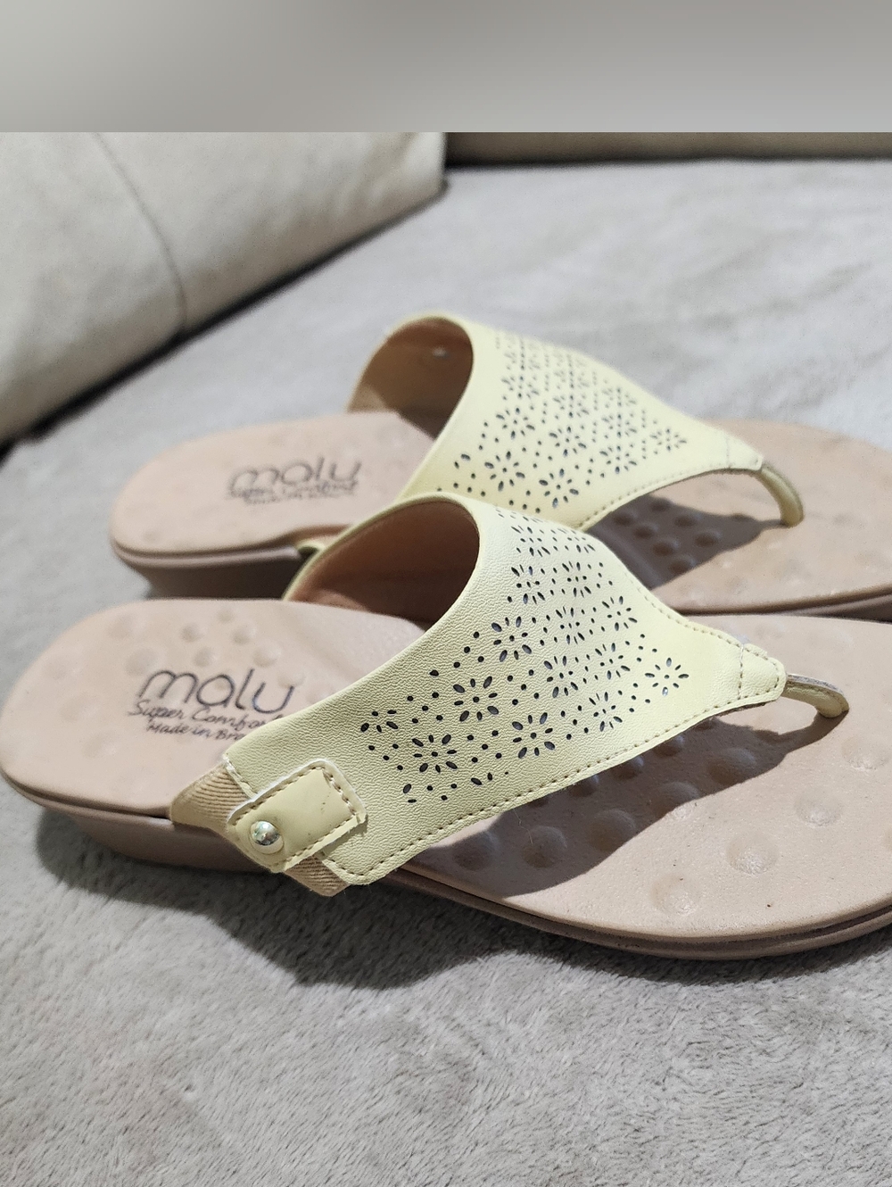 Malu Women’s Pale Yellow Laser-Cut Thong Sandals.Made In Brazil